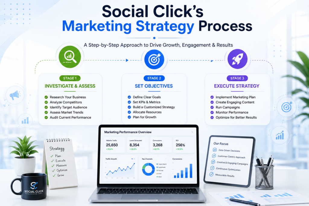 Social Click marketing strategy process with SEO, planning, and audience targeting visuals